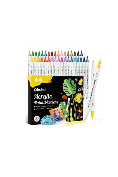 Ohuhu Set of 36 Ohuhu Acrylic Markers, Dual Tip, Brush and Fine, Cotton Reservoir, Multicolor