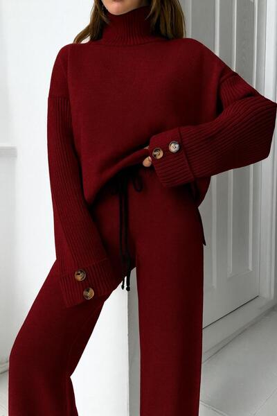 peri tower New Product Stand Collar Button Detail Oversize Sweater-Pants Knitwear Bottom Top Set 0034
