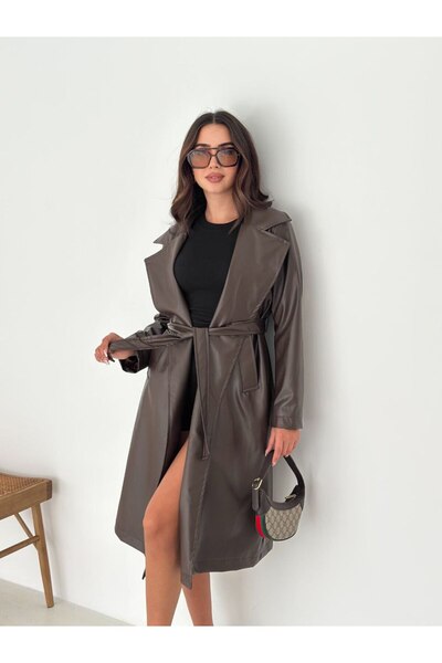 VESS MODA Vegan Belted Leather Trench Coat Overcoat Brown