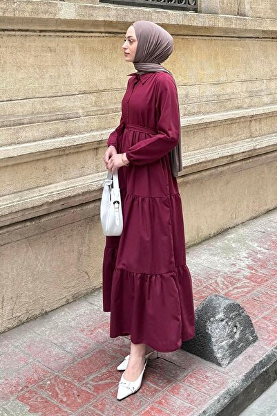 lamelif Half Button Detailed Terikoton Dress Burgundy