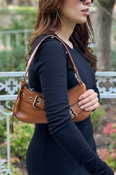 torime Tan Baguette Women's Shoulder & Arm Bag with Belt Detail – Vegan Leather with Adjustable Strap