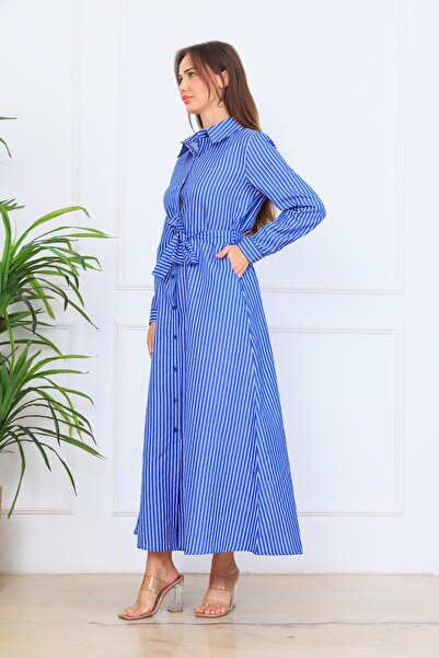 Cochines Saks Blue and White Striped Satin Long Belted Shirt Collar Dress