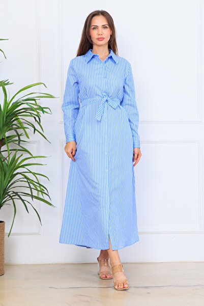 Cochines Baby Blue White Striped Satin Long Belted Shirt Collar Dress