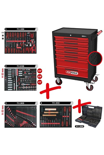 KS Tools Cărucior de Atelier ECOline Negru/Roșu cu 7 Sertare și 515 Unelte Pr...