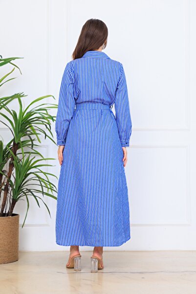 Cochines Saks Mavi Beyaz Çizgili Saten Uzun Kuşaklı Gömlek Yaka Elbise
