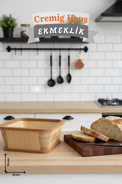 CremigHaus Geleneksel Tasarım Ekmeklik Kare Ahşap Ekmek Sepeti Akça Desenli