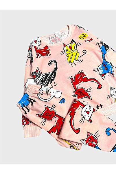 ALİŞ KİDS Дівчачий бавовняний піжамний комплект з довгими рукавами, з малюнком котів, сезонний