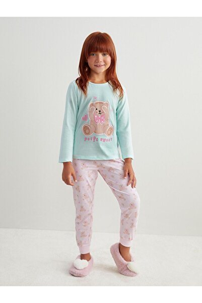 LC Waikiki Pembe Bisiklet Yaka Baskılı Kız Çocuk Pijama Takımı