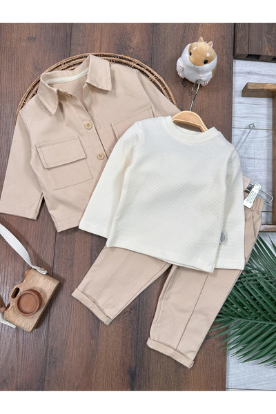 Bolly Baby Linen Lycra Safari Model Snap-Button Shoulder Sweatshirt 3-Piece Set for Baby Boys and Children