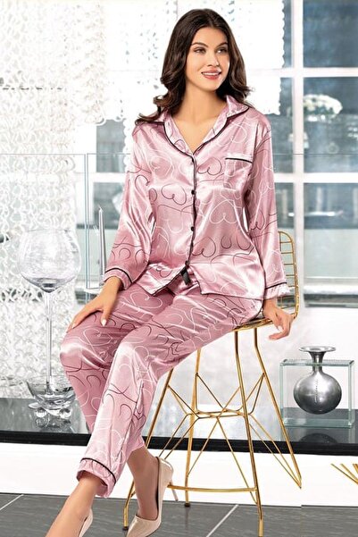 Xses 2000 Women's Gulkurosu Long Sleeve Satin Front Buttoned Empirme Pajama Set