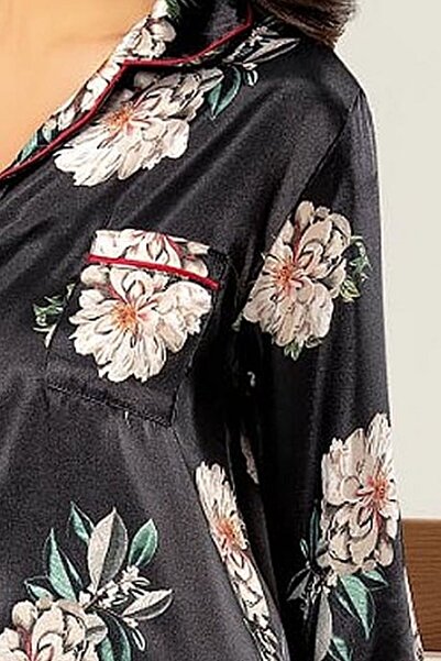 Xses 2000 Women's Black Long Sleeve Satin Front Button Embroidered Pajama Set