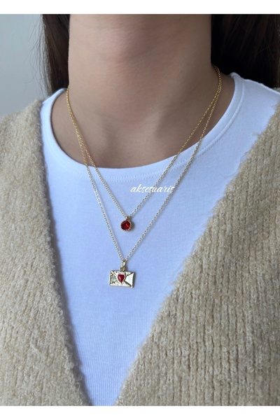 aksesuaris 2'li Kırmızı Zirkon Taşlı Gold Kolye Kombin