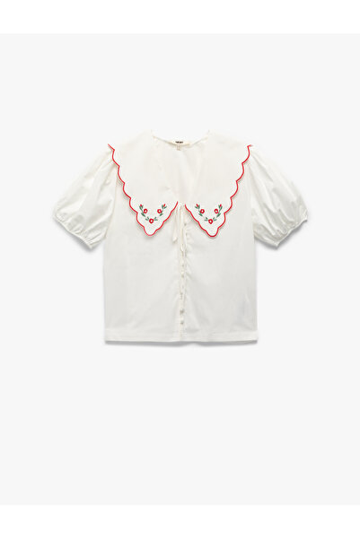 Koton Cămașă din bumbac cu mâneci bufante scurte, cu detalii de broderie florală, cu guler lat pentru bebeluși