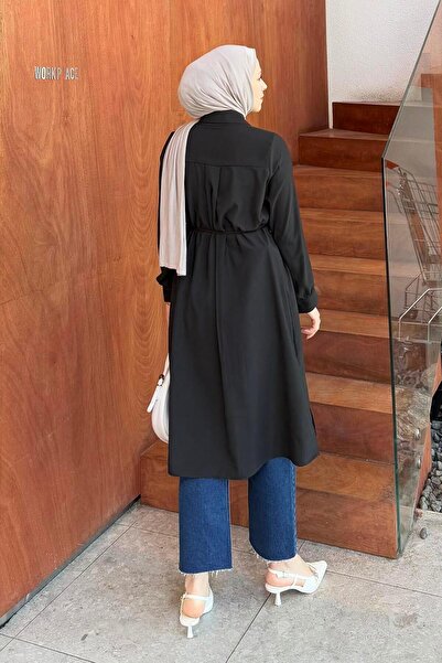 lamelif Long Hijab Tunic with Tie Detail Black
