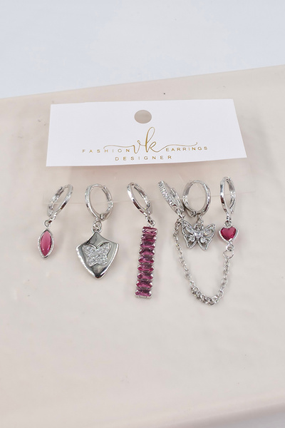 By Zeyna Aksesuar Women's Vip Series Zircon Stone 6-Piece Asymmetric Earring Set – Antiallergenic
