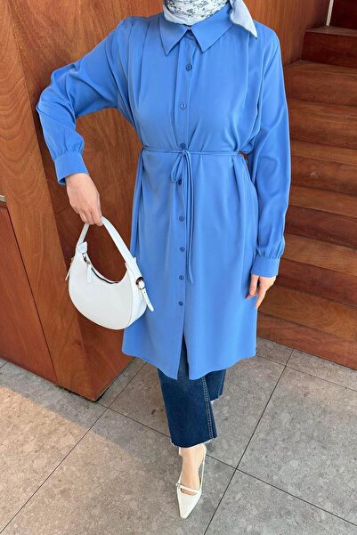 lamelif Long Hijab Tunic with Tie Detail Indigo