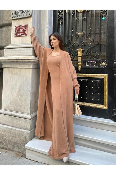 TOFİX textile TRIKO kışlık sezon ürün 2li hırka ve askılı elbise yumuşak sakal yün iplik boy 150 cm