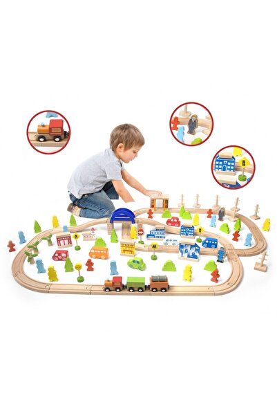 Classic World Set 110 Elemente constructie, Classic World, Cale ferata, Lemn, Multicolor
