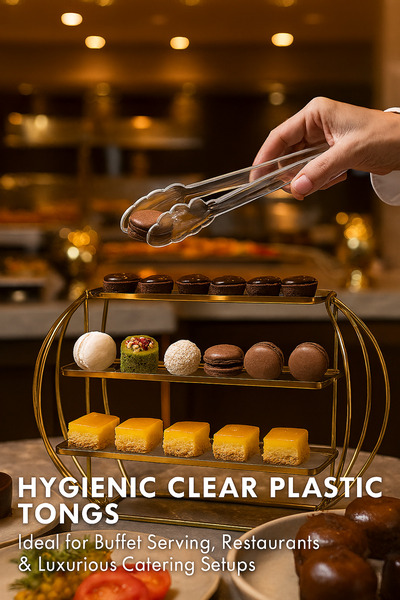 ALSAIF KITCHEN Premium Clear Plastic Serving Tongs BPA-Free Hygienic Food Grip Tool for Buffet Kitchen Catering 2pc