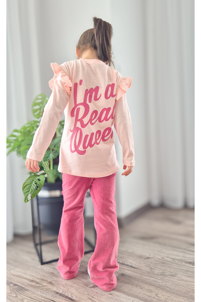 BALKABAĞI Queen Sleeves Ruffled Tshirt Cotton Velvet Ribbed Leggings Set (2-9 Years Old)