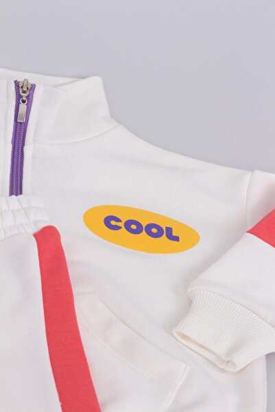 Magu Unisex Çocuk Pamuklu Beyaz Pembe Cool Yazılı Zip Eşofman Takımı