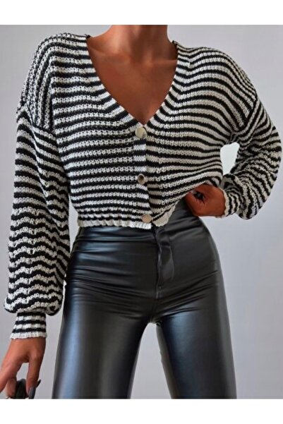 glztriko Women's Striped Metal Button Crop Cardigan Glz047