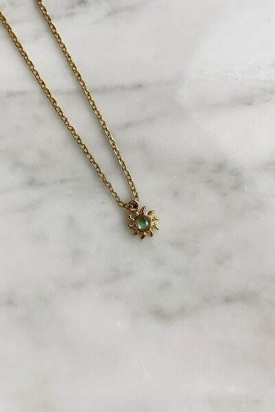 staınless steel Yeşil Taşlı Zarif Vintage Mini Güneş Çelik Kolye(Çapı:0,5cm)