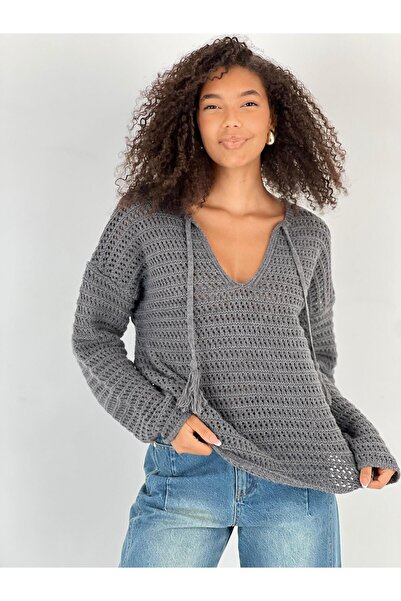 Miss Poem Women's Lace-Up V-Neck Anthracite Knitwear Sweater