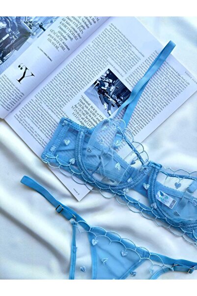 La Linaa Valentina Жіночий комплект бюстгальтера з трусиками-танго з синьою мереживною обробкою