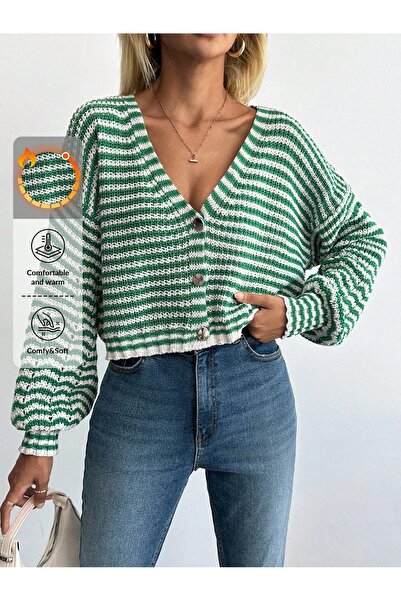 glztriko سترة نسائية قصيرة بأزرار معدنية مخططة GLZ047