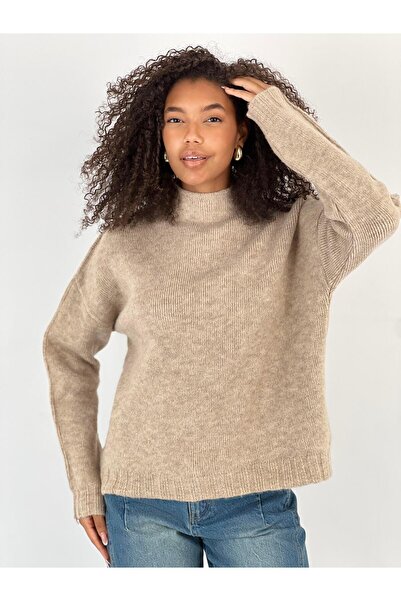 Miss Poem Women's Draped Half Turtleneck Beige Knit Sweater