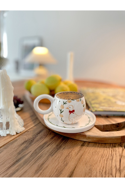 Mugtasarım Handmade Ceramic Double Turkish Coffee Cup with Goose