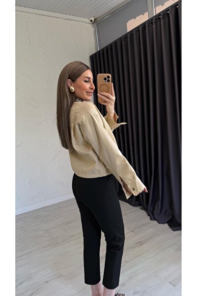 elif teke Leather Collar Short Trench Coat Jacket Beige