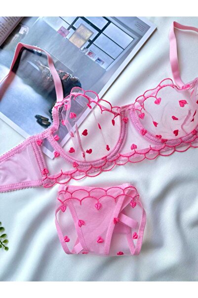 La Linaa Valentina Women's Pink Lace Thong Panty Bra Set