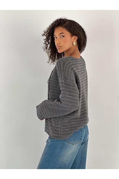 Miss Poem Women's Lace-Up V-Neck Anthracite Knitwear Sweater