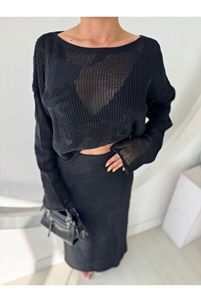 FEHUBLOOM Women's Black Blouse Skirt Knitwear Bottom Top Set