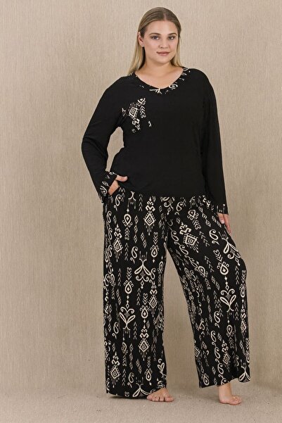 MOPİ Plus Size Black Patterned Viscose Loungewear & Pajama Set – Comfortable and Stylish