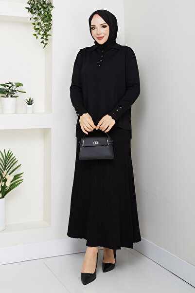 Pamuk Butik Kadın Eteği Mandal Örgülü Merserize İkili Triko Takım