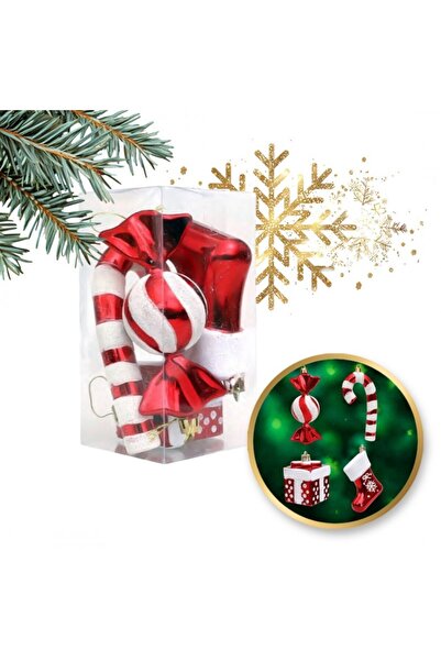 JollyMag Set 4 globuri de Craciun, bomboane si cadouri ornamentale rosii brad...