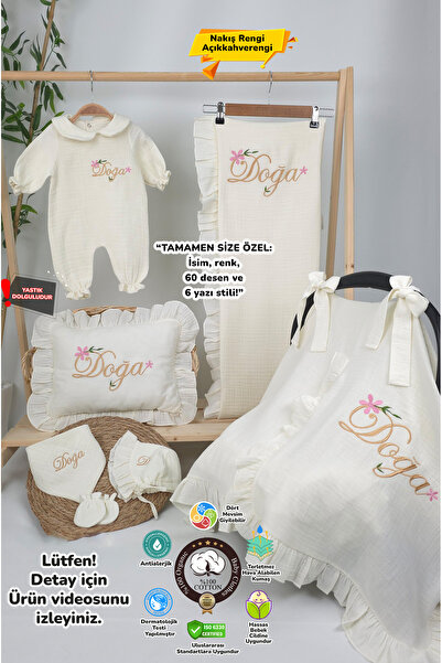 gros shop Müslin Yeni Doğan 4Katlı Organik %100Pamuk Kişiye Özgü Nakışlı Hast...