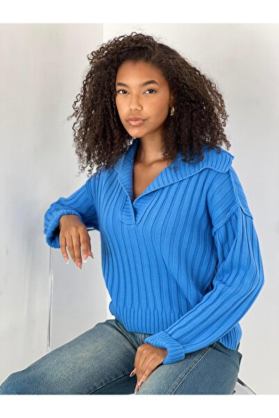 Miss Poem Women's Ribbed Polo Neck Blue Knit Sweater