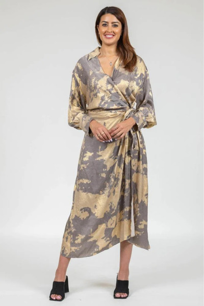 TREASUREISLAND Gold Floral Wrap Midi Dress