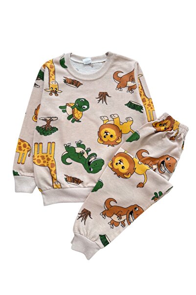 Şekerkids Erkek Çocuk Pamuklu Bej Renk Safari Desenli Mevsimlik Pijama Takımı