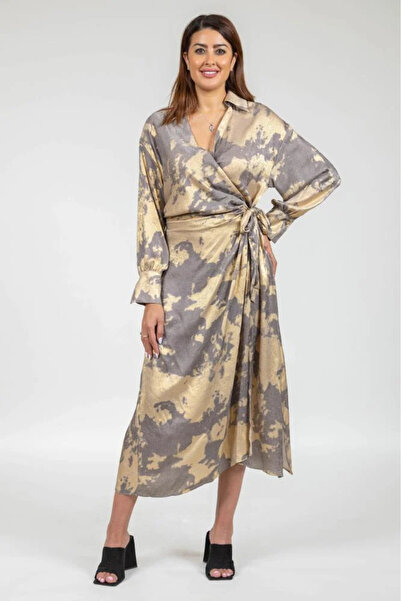 TREASUREISLAND Gold Floral Wrap Midi Dress