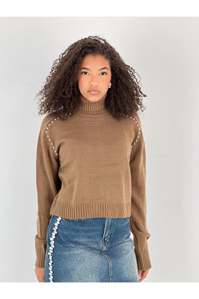 Miss Poem Women's Pearl Detailed Brown Turtleneck Knitwear Sweater