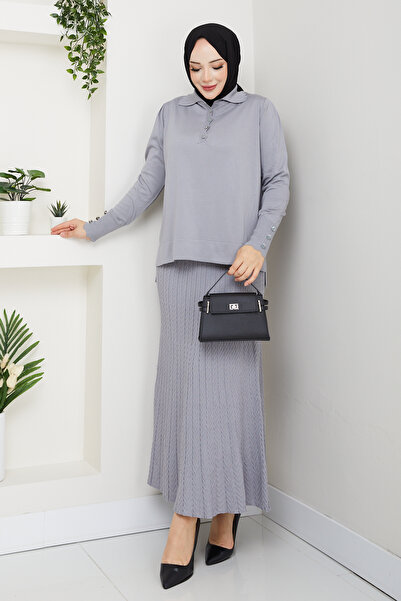 Pamuk Butik Kadın Eteği Mandal Örgülü Merserize İkili Triko Takım