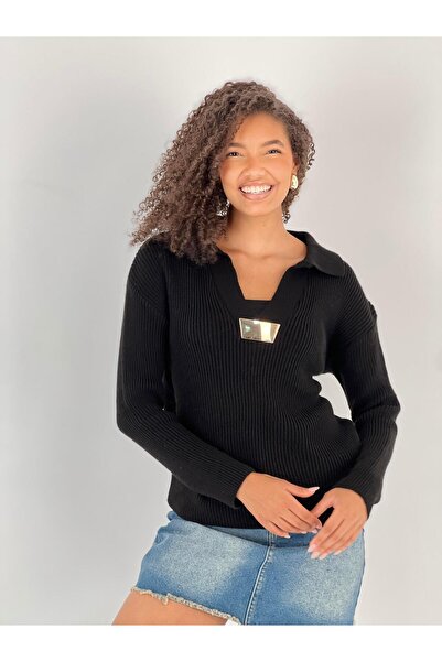 Miss Poem Metal Detailed V-Neck Long Sleeve Black Women's Knitwear Sweater