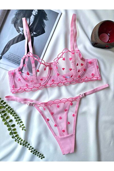 La Linaa Valentina Women's Pink Lace Thong Panty Bra Set