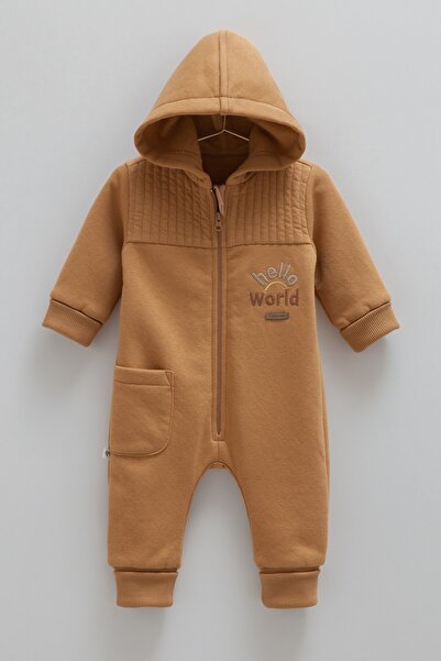 Caramell Baby Boy Romper 3 Thread Ruffled, Hooded Winter Baby Romper 1-12 Months