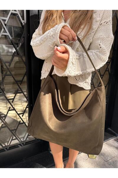Tina İstanbul Soft Textured Casual Suede Hand and Shoulder Bag Khaki